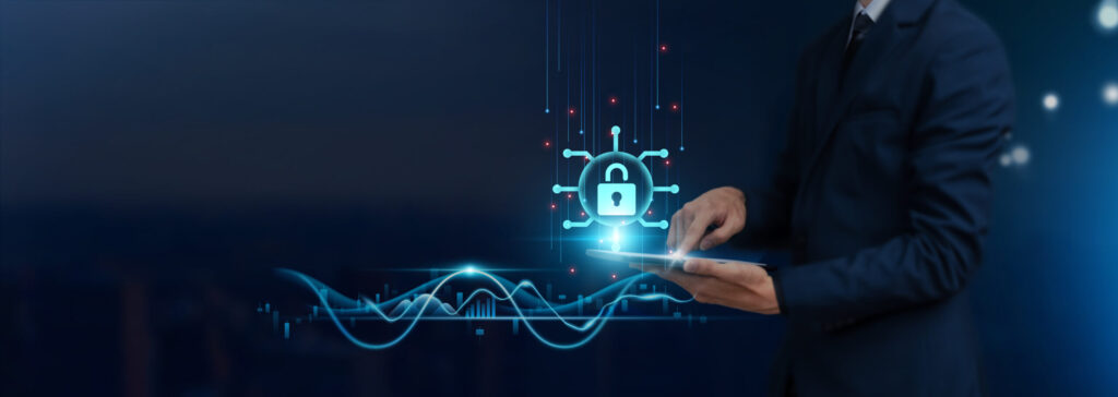 Network Security Concept: Businessman Uses Tablet on Secure Global Networking, Data Encryption, Firewall Protection, Threat Detection, Developing Smart Solutions from Digital Technology.