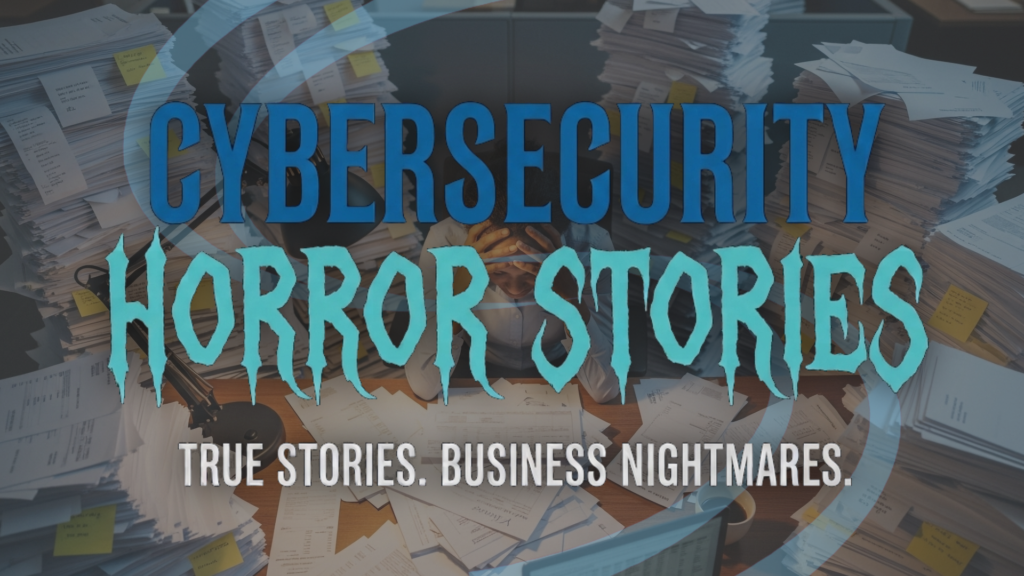 Dark office desk covered in paper contracts and files, with a computer displaying a ransomware warning, representing a $2 million ransomware attack that disrupted business operations for two months.