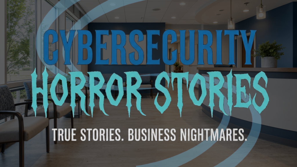 Dark healthcare reception area illustrating ransomware disruption and the importance of healthcare backup and disaster recovery